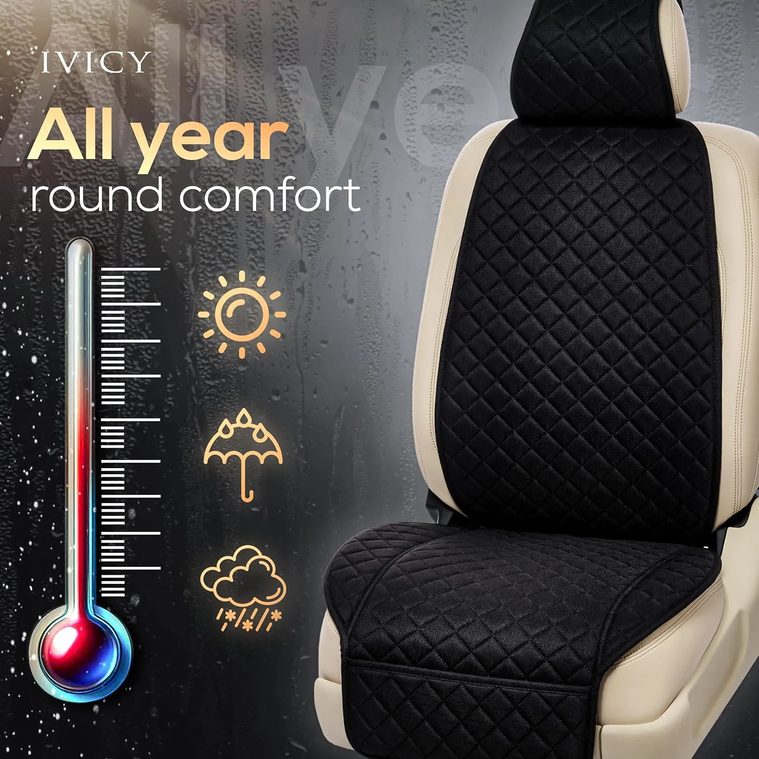 IVICY Linen Car Seat Cover for Cars - Non-Slip Soft & Breathable - Front Car Seat Protector Covers Universal Fits Most Automotive, Vans, SUVs, Trucks - 1 Unit - Black