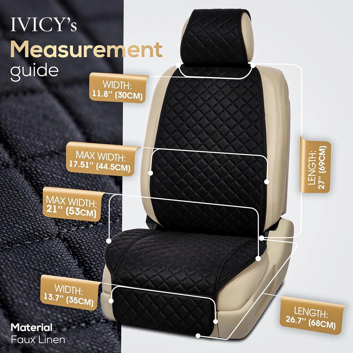 IVICY Linen Car Seat Cover for Cars - Non-Slip Soft & Breathable - Front Car Seat Protector Covers Universal Fits Most Automotive, Vans, SUVs, Trucks - 1 Unit - Black