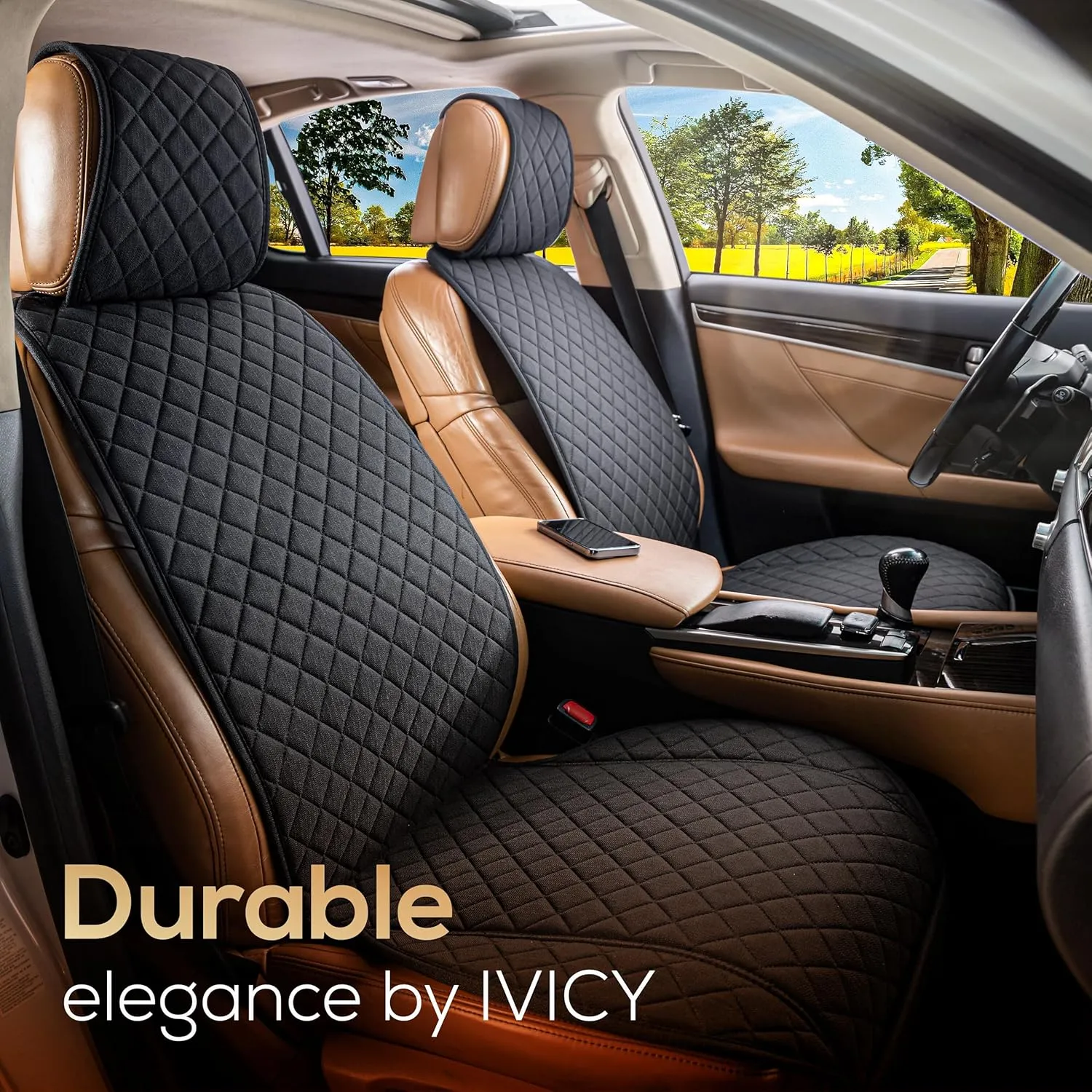 IVICY Linen Car Seat Cover for Cars - Non-Slip Soft & Breathable - Front Car Seat Protector Covers Universal Fits Most Automotive, Vans, SUVs, Trucks - 1 Unit - Black