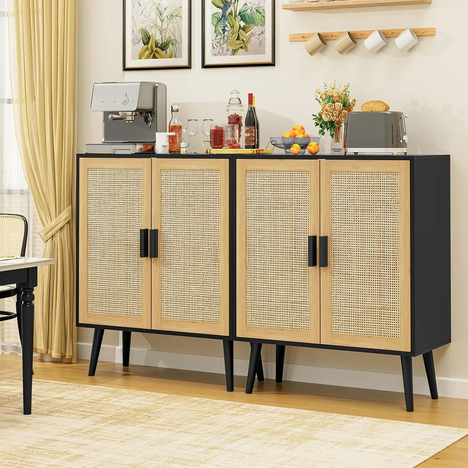 Iwell Storage Cabinet, Rattan Cabinet with 2 Shelves & Doors, Freestanding Floor Storage Cabinets for Living Room, Dining Room, Entryway, Natural  Black