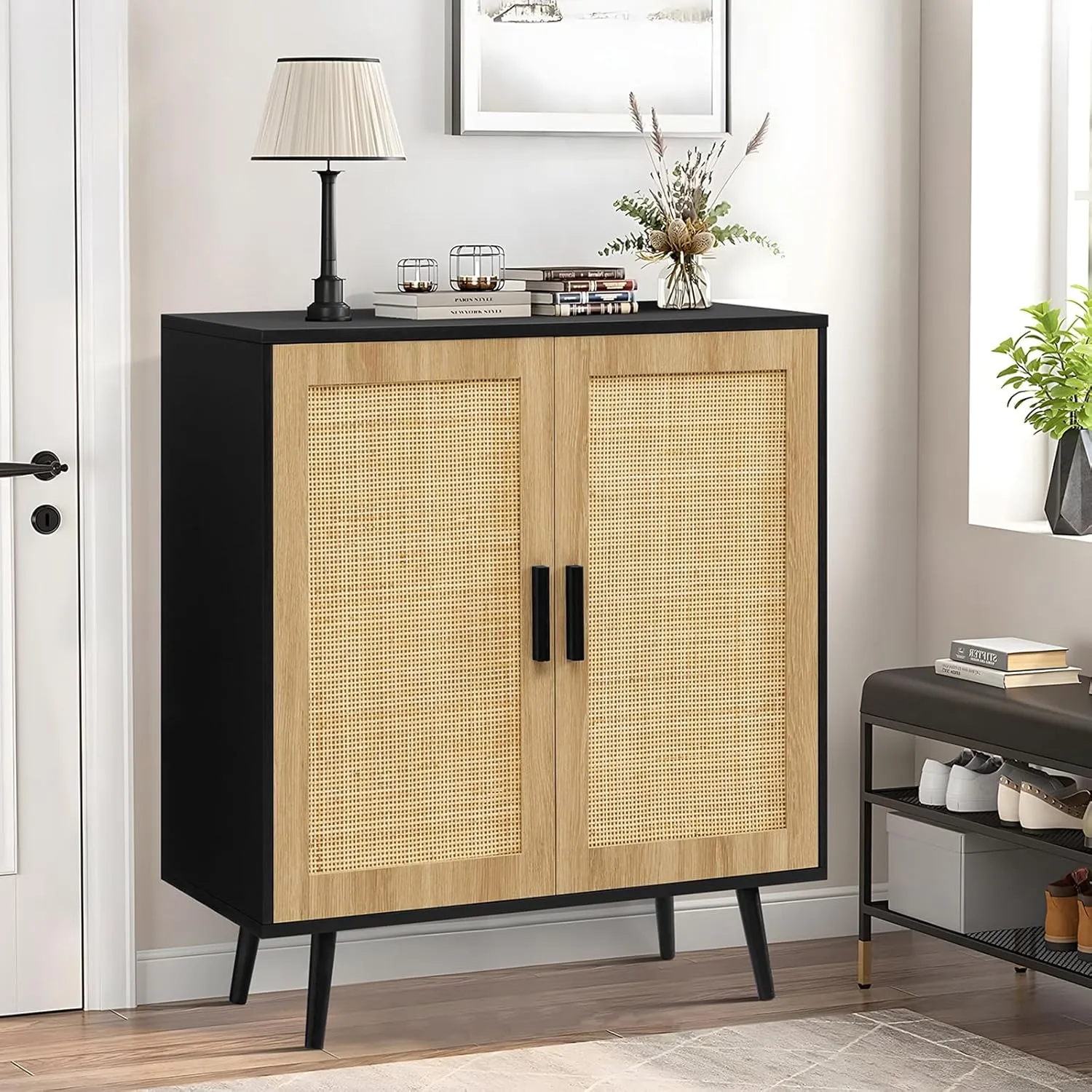 Iwell Storage Cabinet, Rattan Cabinet with 2 Shelves & Doors, Freestanding Floor Storage Cabinets for Living Room, Dining Room, Entryway, Natural  Black