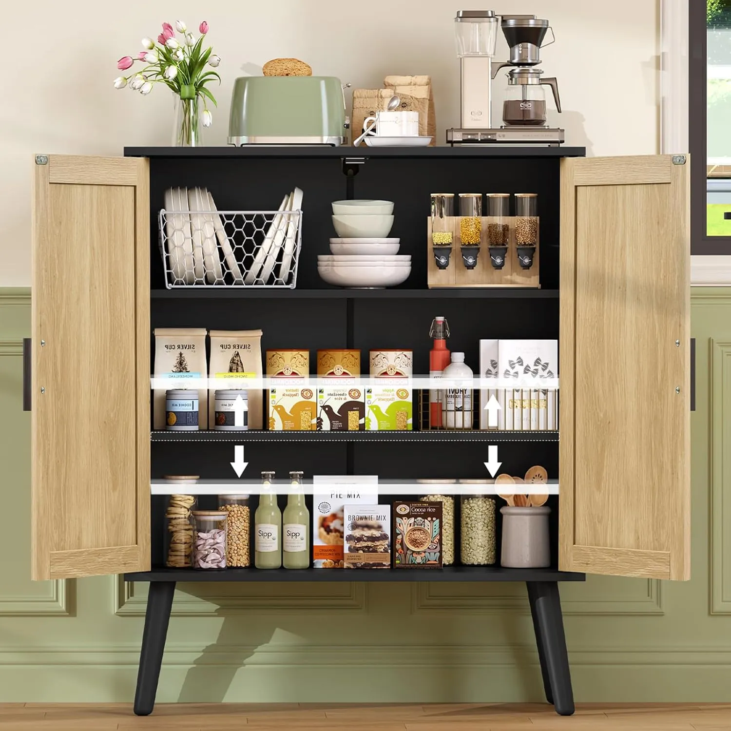 Iwell Storage Cabinet, Rattan Cabinet with 2 Shelves & Doors, Freestanding Floor Storage Cabinets for Living Room, Dining Room, Entryway, Natural  Black