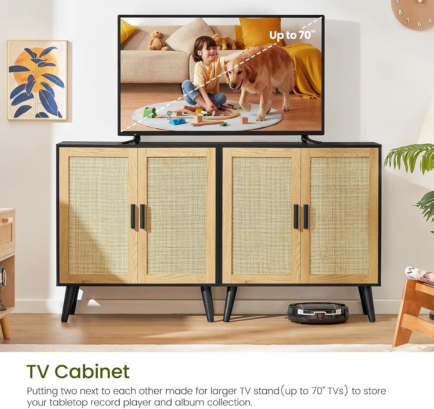 Iwell Storage Cabinet, Rattan Cabinet with 2 Shelves & Doors, Freestanding Floor Storage Cabinets for Living Room, Dining Room, Entryway, Natural  Black