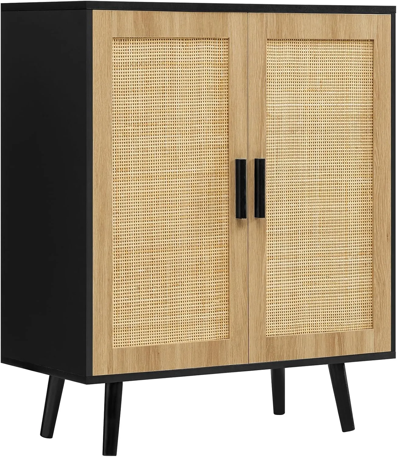 Iwell Storage Cabinet, Rattan Cabinet with 2 Shelves & Doors, Freestanding Floor Storage Cabinets for Living Room, Dining Room, Entryway, Natural  Black