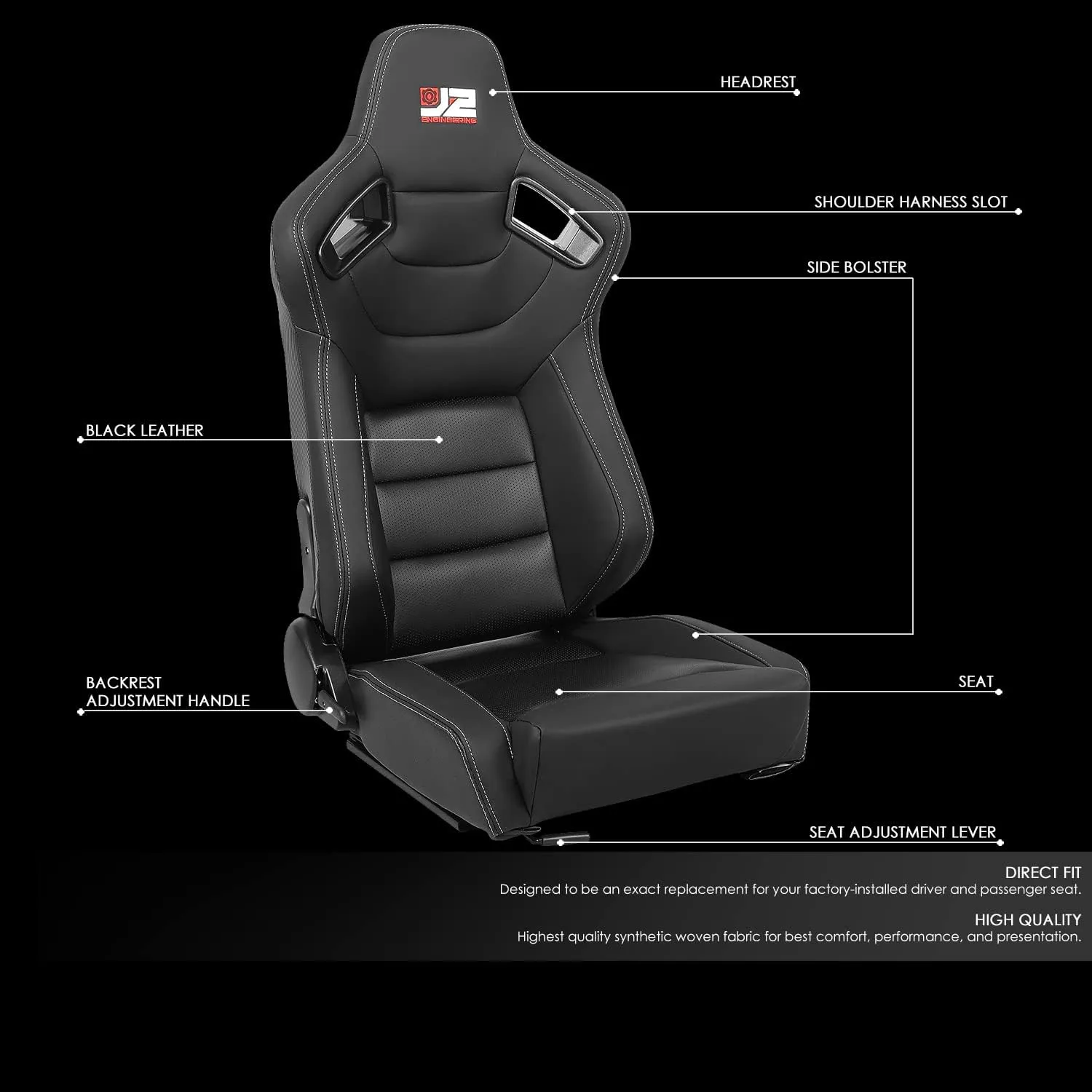 J2 Engineering Pair of Universal Reclinable Back Rest Racing Bucket Seats, 38" H X 21" W X 23" D, Black, J2-RS-002-BK