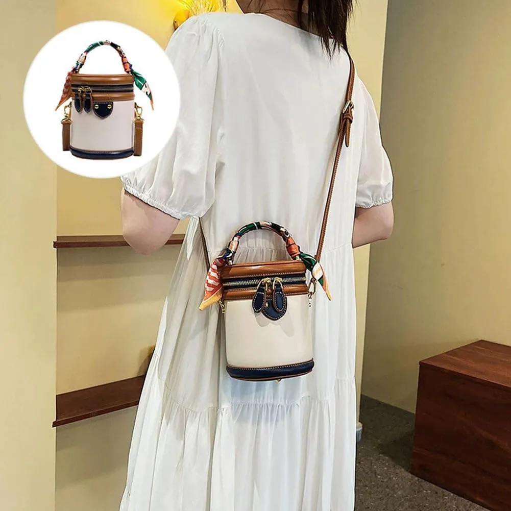 ‌JAKYE 2025 New Summer Colorblock Bucket Bag for Women，-/，Leather Crossbody Handbag with Adjustable Strap。