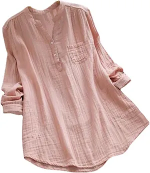 Janepam Women Cotton Linen Top Long Sleeve Solid Plain/Graphic Embroidery Lace Loose Blouse