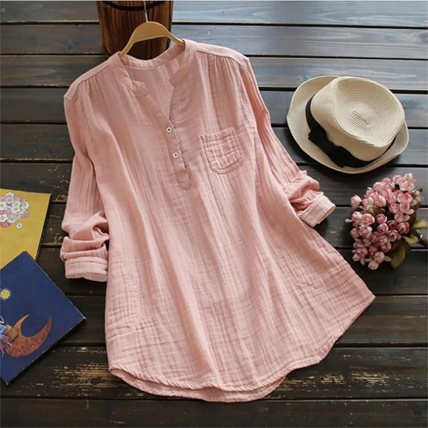 Janepam Women Cotton Linen Top Long Sleeve Solid Plain/Graphic Embroidery Lace Loose Blouse