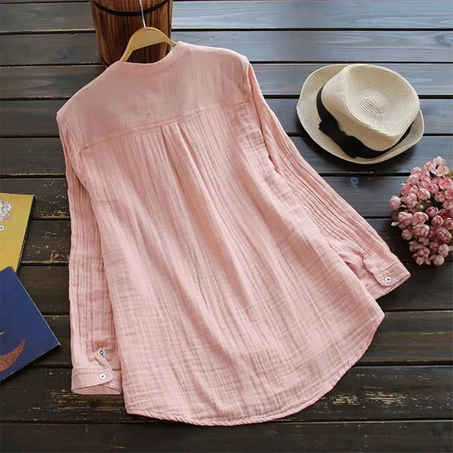 Janepam Women Cotton Linen Top Long Sleeve Solid Plain/Graphic Embroidery Lace Loose Blouse