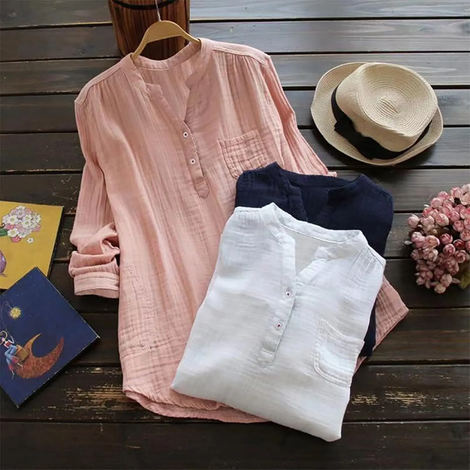 Janepam Women Cotton Linen Top Long Sleeve Solid Plain/Graphic Embroidery Lace Loose Blouse