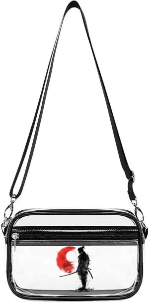 Japanese Samurai General Warrior Clear Stadium Bag Clear Mini Messenger Bags with 2 Compartments Crossbody Bag
