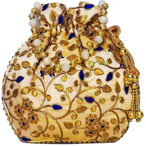 Jardoshi Embroidered Silk Potli Bag Ethnic Clutch Batwa Bag With Beadwork Pearl Drawstings Clutch Hand Bag Purse For Women Blue