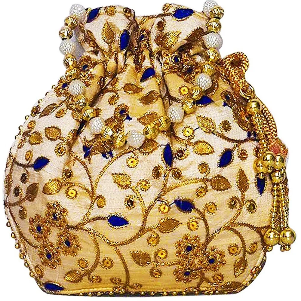 Jardoshi Embroidered Silk Potli Bag Ethnic Clutch Batwa Bag With Beadwork Pearl Drawstings Clutch Hand Bag Purse For Women Blue