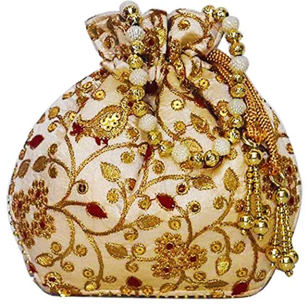 Jardoshi Embroidered Silk Potli Bag Ethnic Clutch Batwa Bag With Beadwork Pearl Drawstings Clutch Hand Bag Purse For Women Maroon