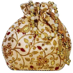 Jardoshi Embroidered Silk Potli Bag Ethnic Clutch Batwa Bag With Beadwork Pearl Drawstings Clutch Hand Bag Purse For Women Maroon