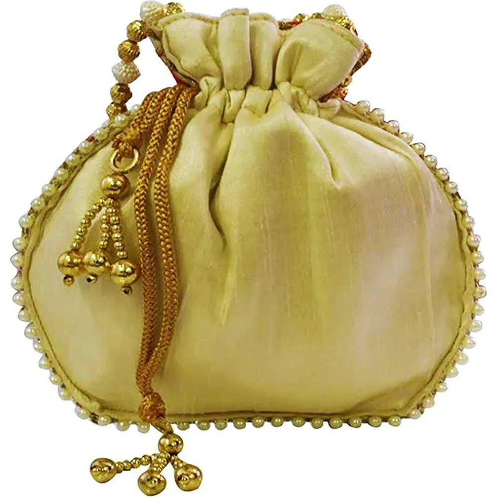 Jardoshi Embroidered Silk Potli Bag Ethnic Clutch Batwa Bag With Beadwork Pearl Drawstings Clutch Hand Bag Purse For Women Maroon