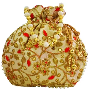 Jardoshi Embroidered Silk Potli Bag Ethnic Clutch Batwa Bag With Beadwork Pearl Drawstings Clutch Hand Bag Purse For Women Pink