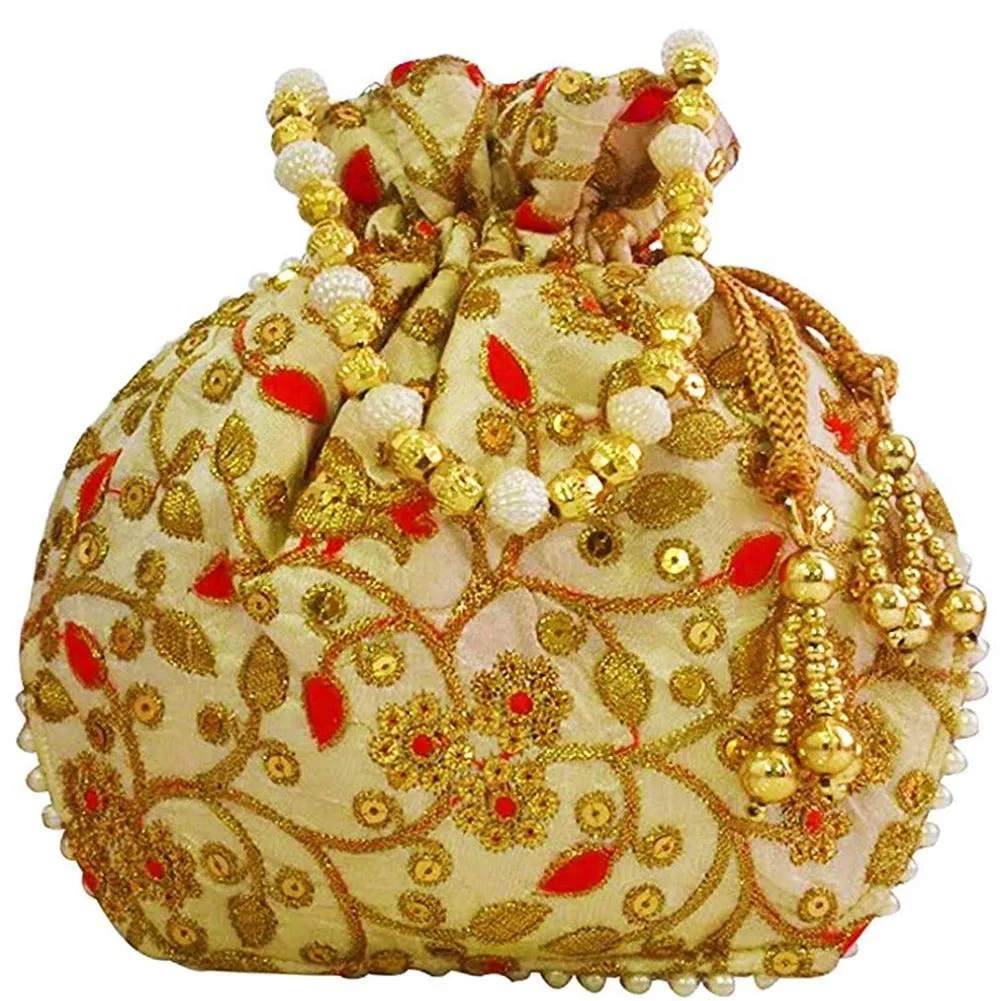 Jardoshi Embroidered Silk Potli Bag Ethnic Clutch Batwa Bag With Beadwork Pearl Drawstings Clutch Hand Bag Purse For Women Pink