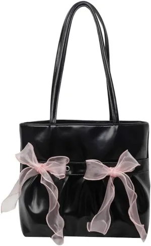 JHTPSLR Coquette Tote Bag Women Lace Ribbon Bow Tie Balletcore Leather Tote Bag Vanilla Aesthetic Shoulder Bag Hand Bags