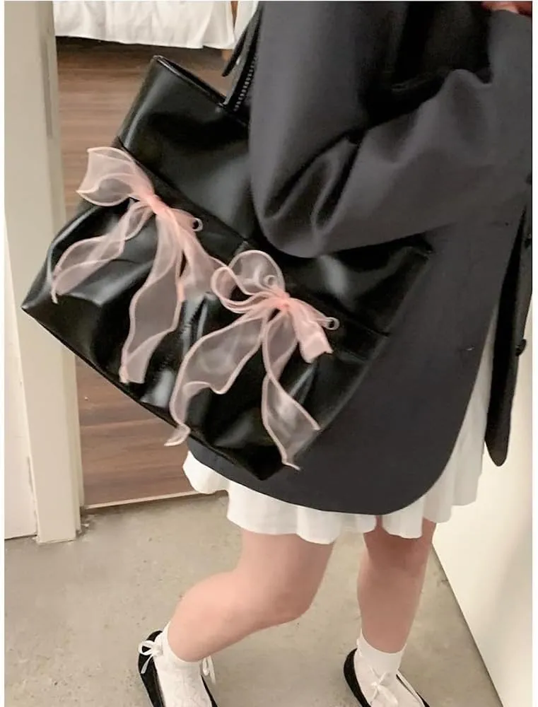 JHTPSLR Coquette Tote Bag Women Lace Ribbon Bow Tie Balletcore Leather Tote Bag Vanilla Aesthetic Shoulder Bag Hand Bags