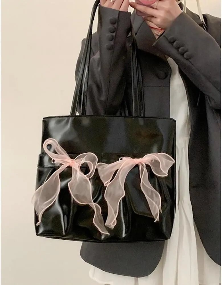 JHTPSLR Coquette Tote Bag Women Lace Ribbon Bow Tie Balletcore Leather Tote Bag Vanilla Aesthetic Shoulder Bag Hand Bags