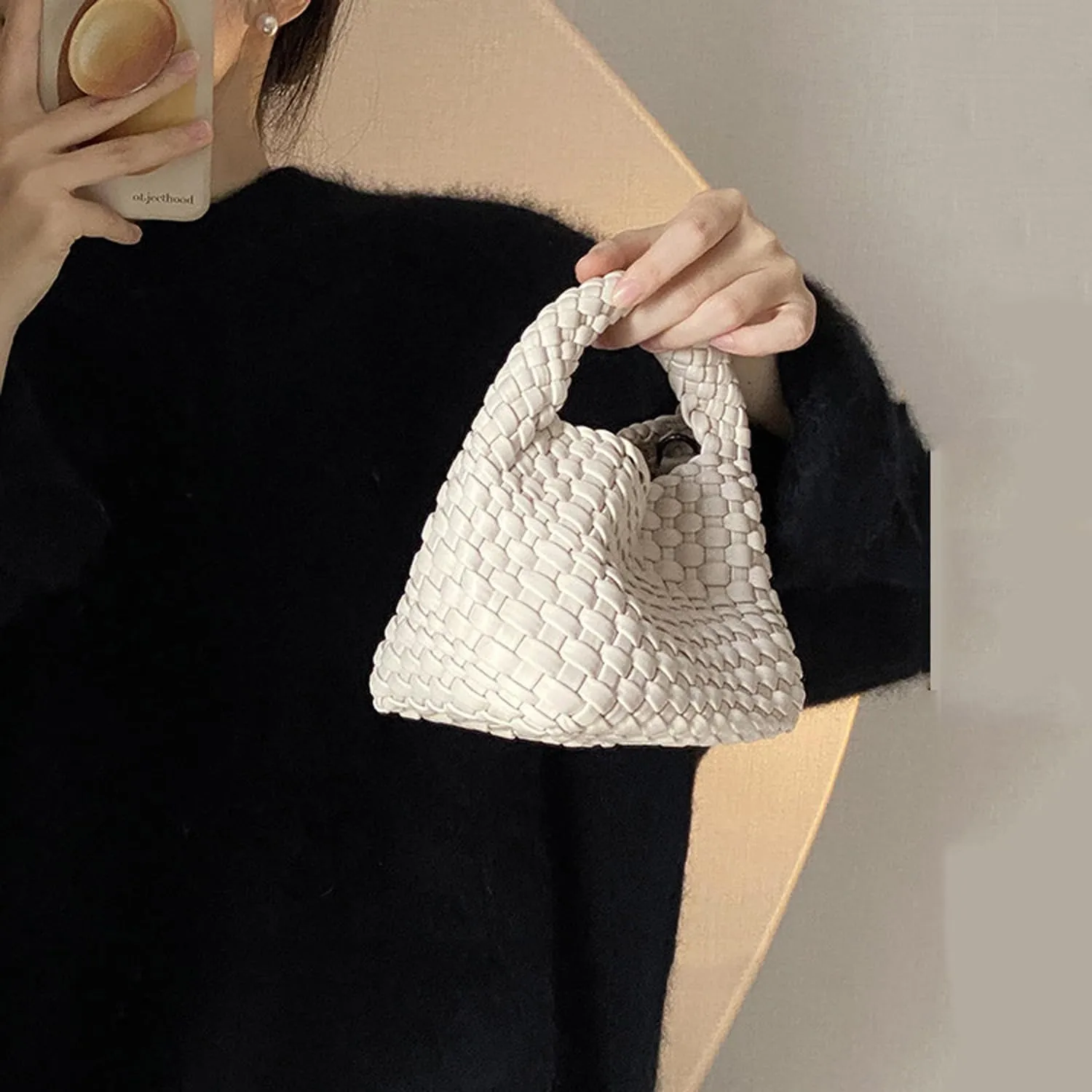 JINMANXUE Fashion Handbag for Women, Woven Tote Bucket Composite Bag, Knitting Chain Crossbody Shoulder Purse