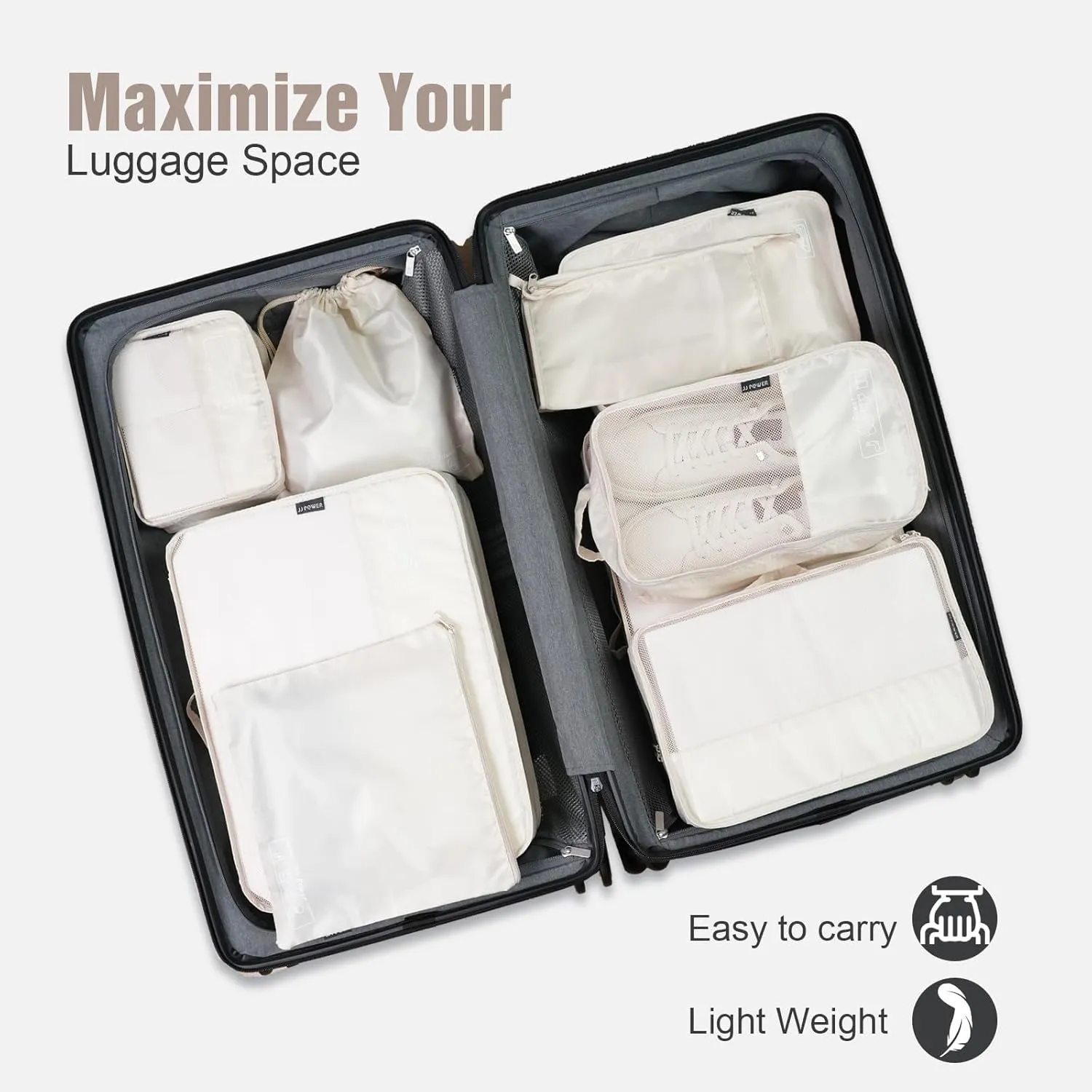 JJ Power 9 Set Packing Cubes for Suitcases, Travel Essentials for Carry on, Luggage Organizer Bags All Included(Cream)