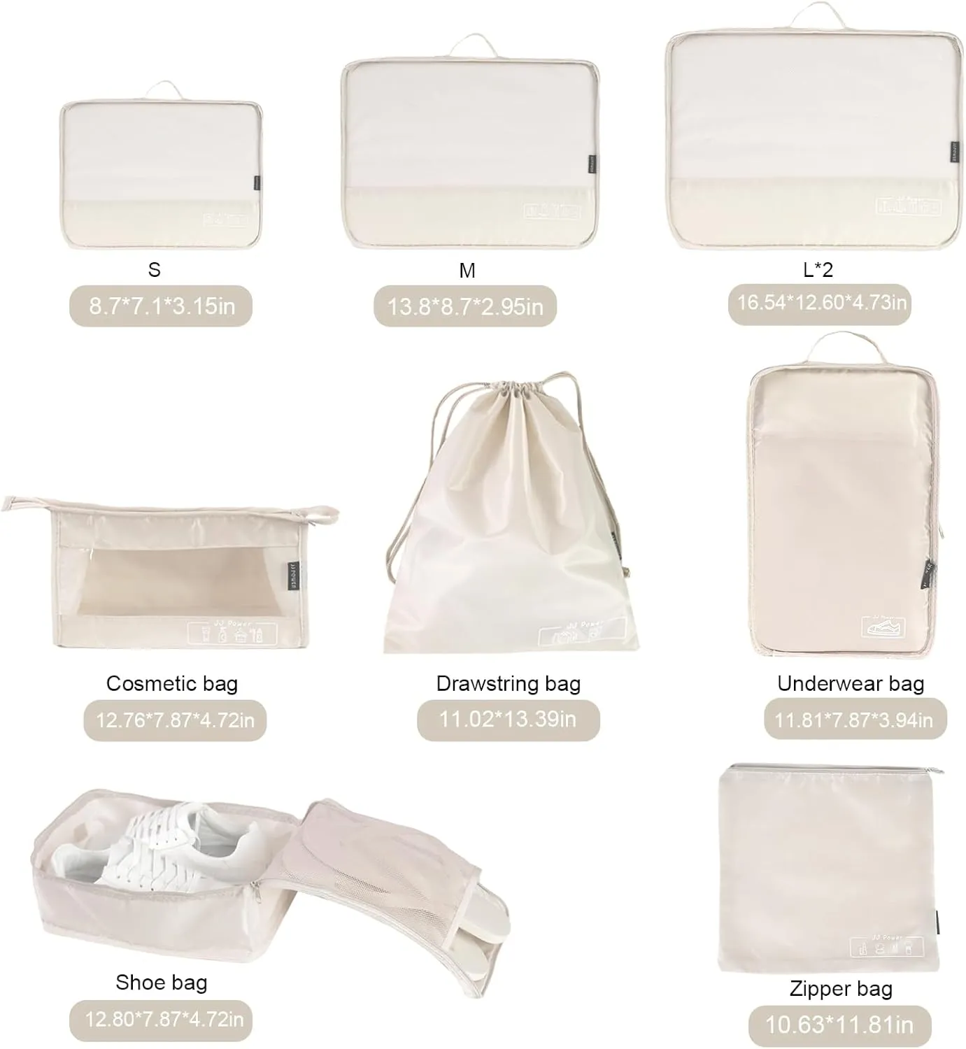 JJ Power 9 Set Packing Cubes for Suitcases, Travel Essentials for Carry on, Luggage Organizer Bags All Included(Cream)