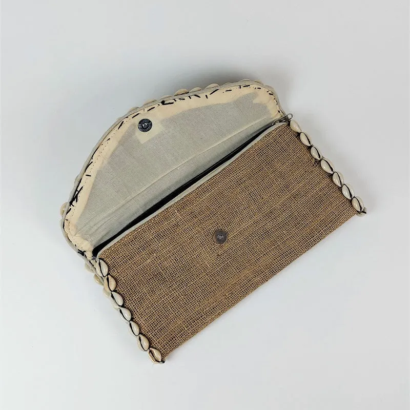 Jute coffee bean clutch bag with kauri shells