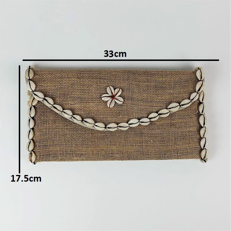 Jute coffee bean clutch bag with kauri shells