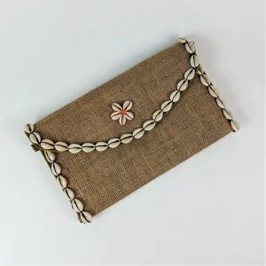 Jute coffee bean clutch bag with kauri shells