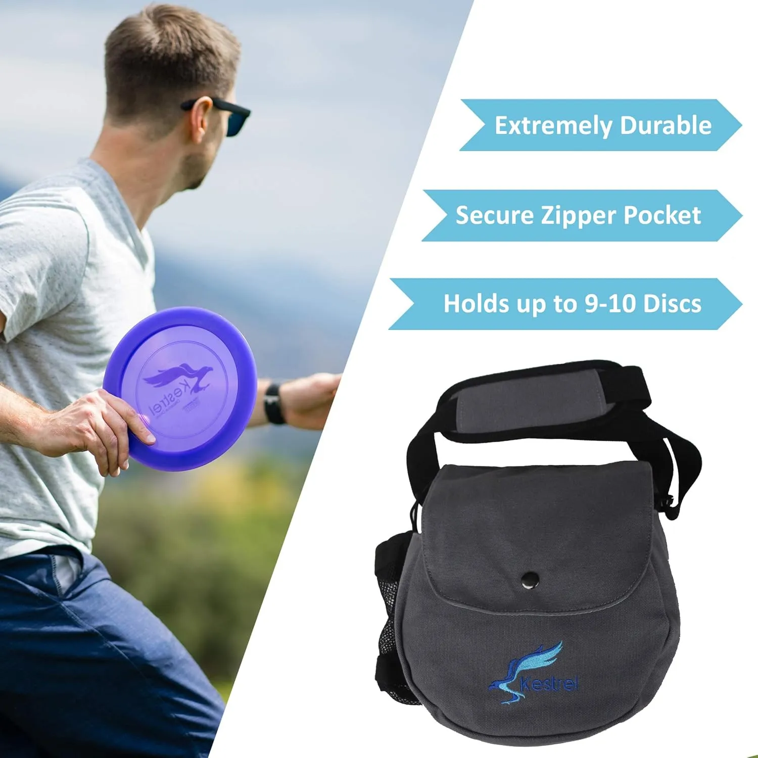 Kestrel Black Disc Golf Bag - Fits 6-10 Golf Discs   Bottle - For Beginner & Advanced Golfers - Extremely Durable Canvas - Frisbee Golf Bag - Small Sling/Shoulder Disc Golf Bag For Men & Women