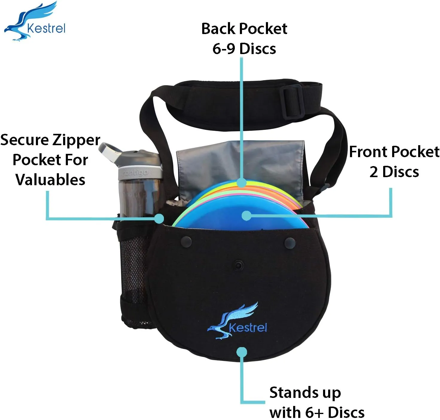 Kestrel Black Disc Golf Bag - Fits 6-10 Golf Discs   Bottle - For Beginner & Advanced Golfers - Extremely Durable Canvas - Frisbee Golf Bag - Small Sling/Shoulder Disc Golf Bag For Men & Women