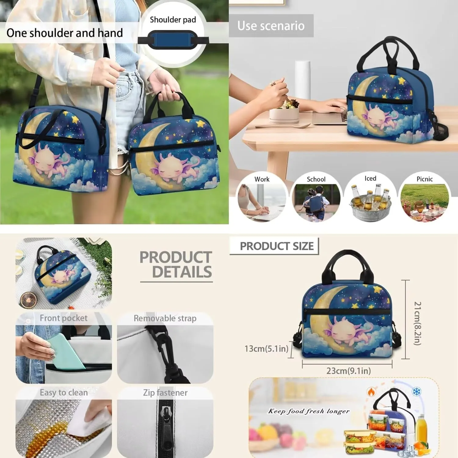 Kids 3 Pcs Backpack Set Axolotl Backpack for Girls Primary School Bookbag with Lunch Box and Pencil Case Casual Daypack with Front Pockets for Kids Outdoor Picnic or Travel