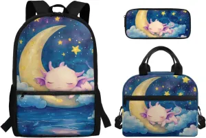 Kids 3 Pcs Backpack Set Axolotl Backpack for Girls Primary School Bookbag with Lunch Box and Pencil Case Casual Daypack with Front Pockets for Kids Outdoor Picnic or Travel
