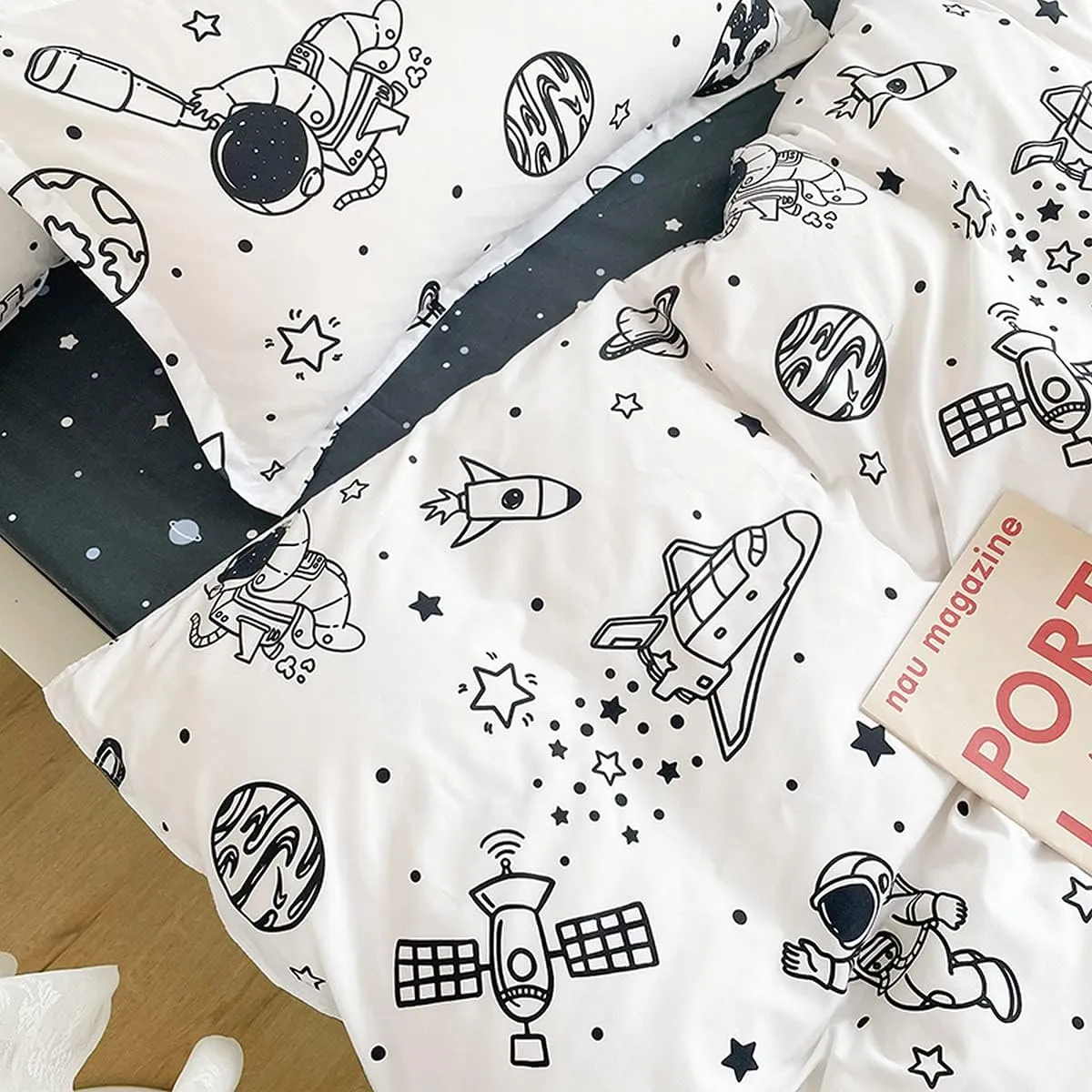 Kids Astronaut Rocket Duvet Cover Set Full - Outer Space Adventure Galaxy Bedding for Boys Girls Children - Soft Universe Cosmonaut Planet Ship Comforter Cover