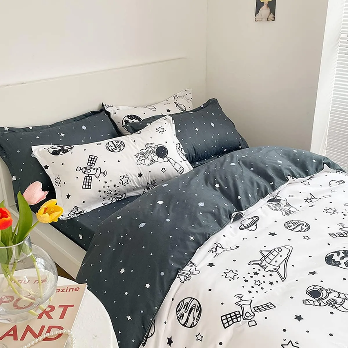 Kids Astronaut Rocket Duvet Cover Set Full - Outer Space Adventure Galaxy Bedding for Boys Girls Children - Soft Universe Cosmonaut Planet Ship Comforter Cover