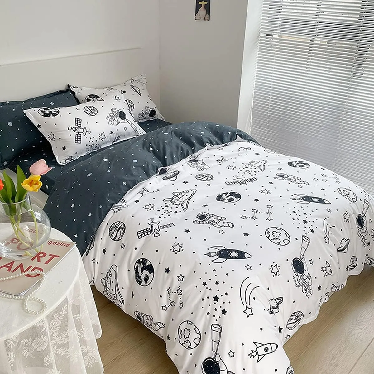 Kids Astronaut Rocket Duvet Cover Set Full - Outer Space Adventure Galaxy Bedding for Boys Girls Children - Soft Universe Cosmonaut Planet Ship Comforter Cover