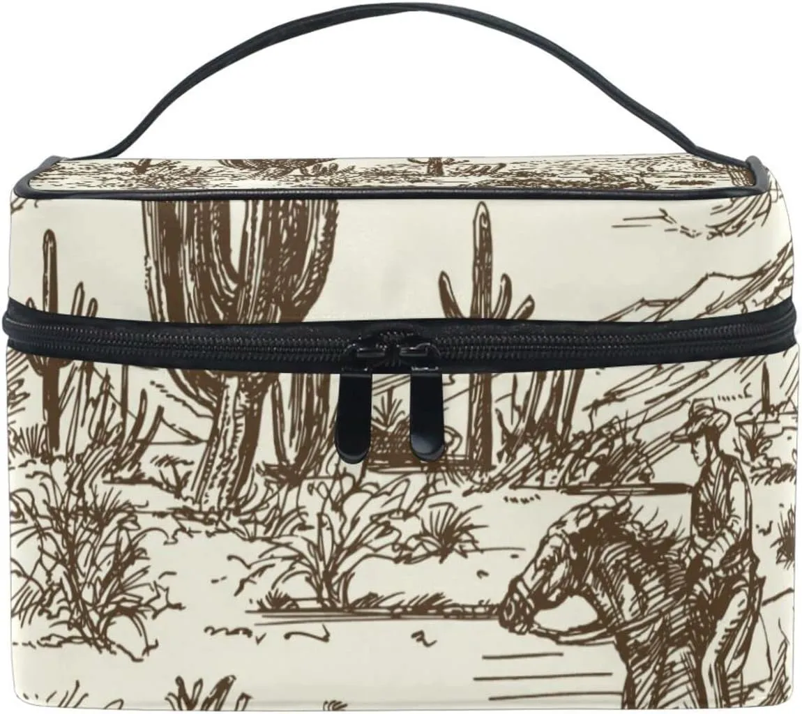 Kigai Wild West Desert Cowboy Travel Cosmetic Bag Case Large Portable Makeup Bag Organizer for Women Girls Top Handle Multifunction Toiletry Bags