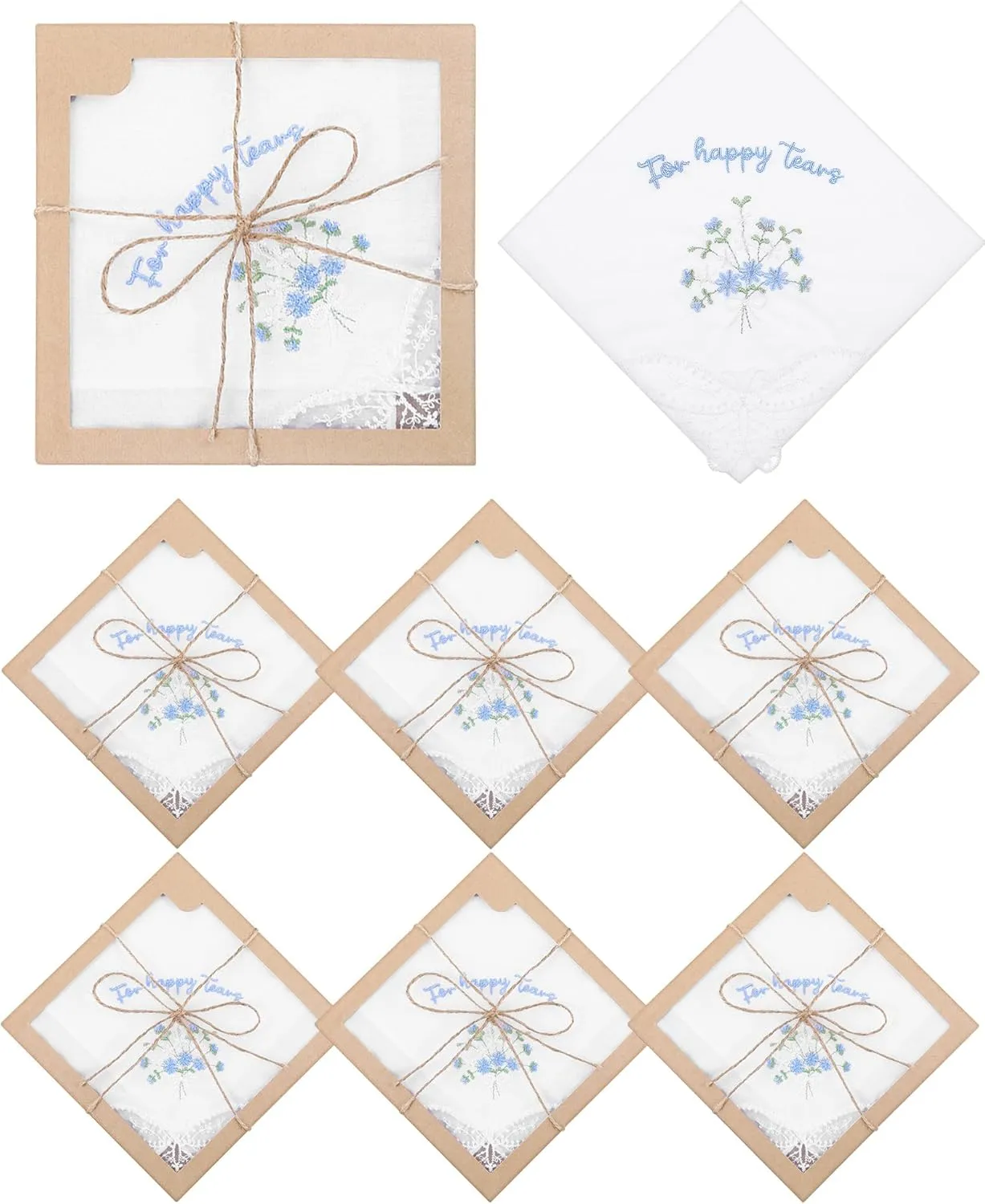 Kinlop 6 Set Embroidered Wedding Handkerchiefs, 11 x11 Happy Tears Handkerchiefs with Lace, Mother of The Bride Gifts Something Blue Gift for Bride Mother father Hankie Blue Tissue for Party Wedding