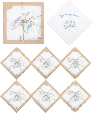 Kinlop 6 Set Embroidered Wedding Handkerchiefs, 11 x11 Happy Tears Handkerchiefs with Lace, Mother of The Bride Gifts Something Blue Gift for Bride Mother father Hankie Blue Tissue for Party Wedding