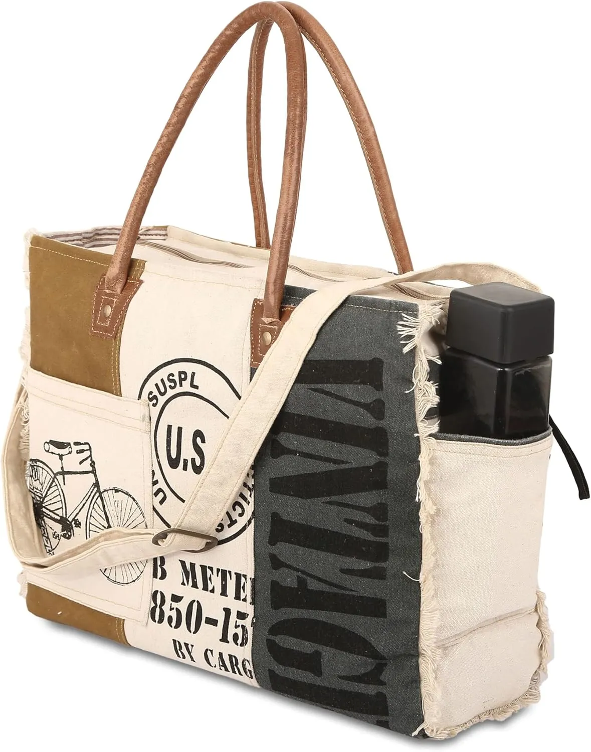 KPL Sel De Mer Upcycled Canvas and leather Hand Bag Cowhide Tote Bag shopping bag carry on leather bag
