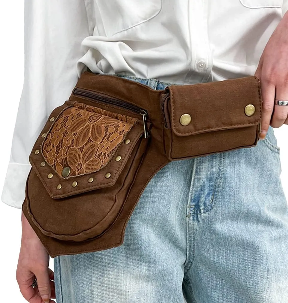 KPYWZER Waist Bag for Women Men Fanny Pack Renaissance Faire Festival Lace Utility Hip Belt Waist Bags WomensTravel Outdoors Brown