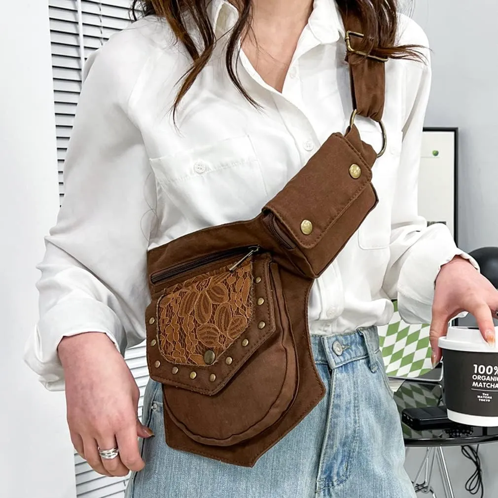 KPYWZER Waist Bag for Women Men Fanny Pack Renaissance Faire Festival Lace Utility Hip Belt Waist Bags WomensTravel Outdoors Brown