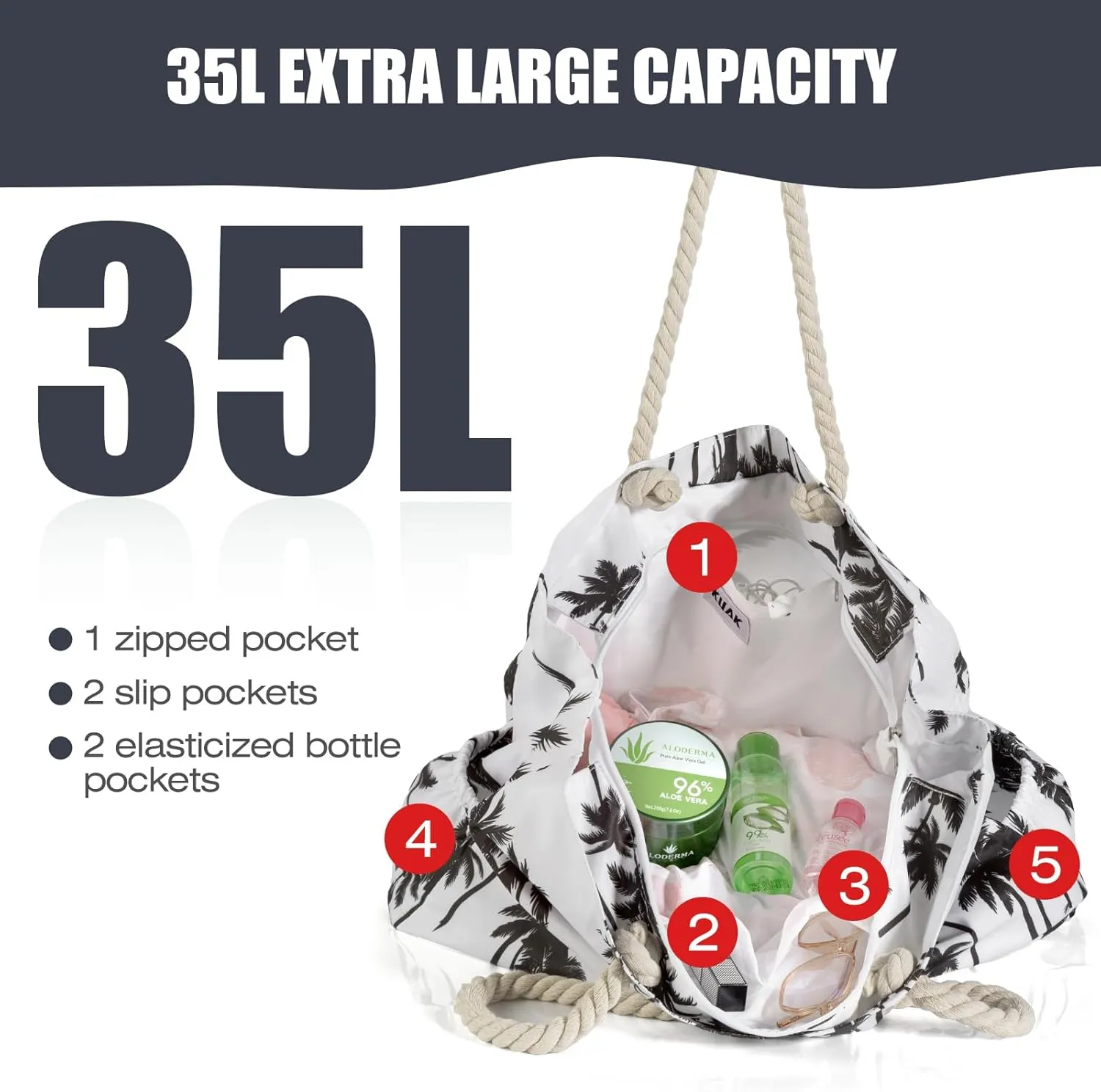 KUAK Beach Bag, Large Beach Bags for Women Waterproof Sandproof Beach Tote Bag with Zipper and Pockets for Pool Family
