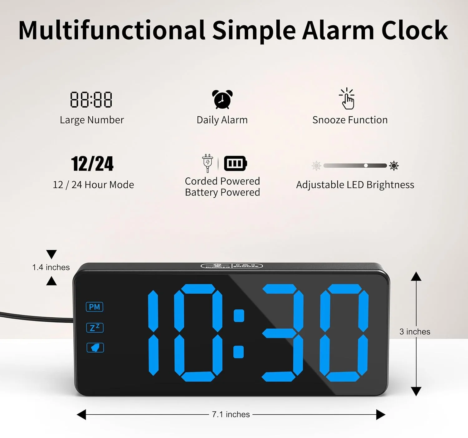 KWANWA Digital Alarm Clock with 3-Level Dimmer & Battery Backup | 2.4" Jumbo LED Display, Auto Night Mode, 7-Min Snooze, Dual Power (UL Adapter   59in Cord) | Compact for Bedroom, Travel, Office