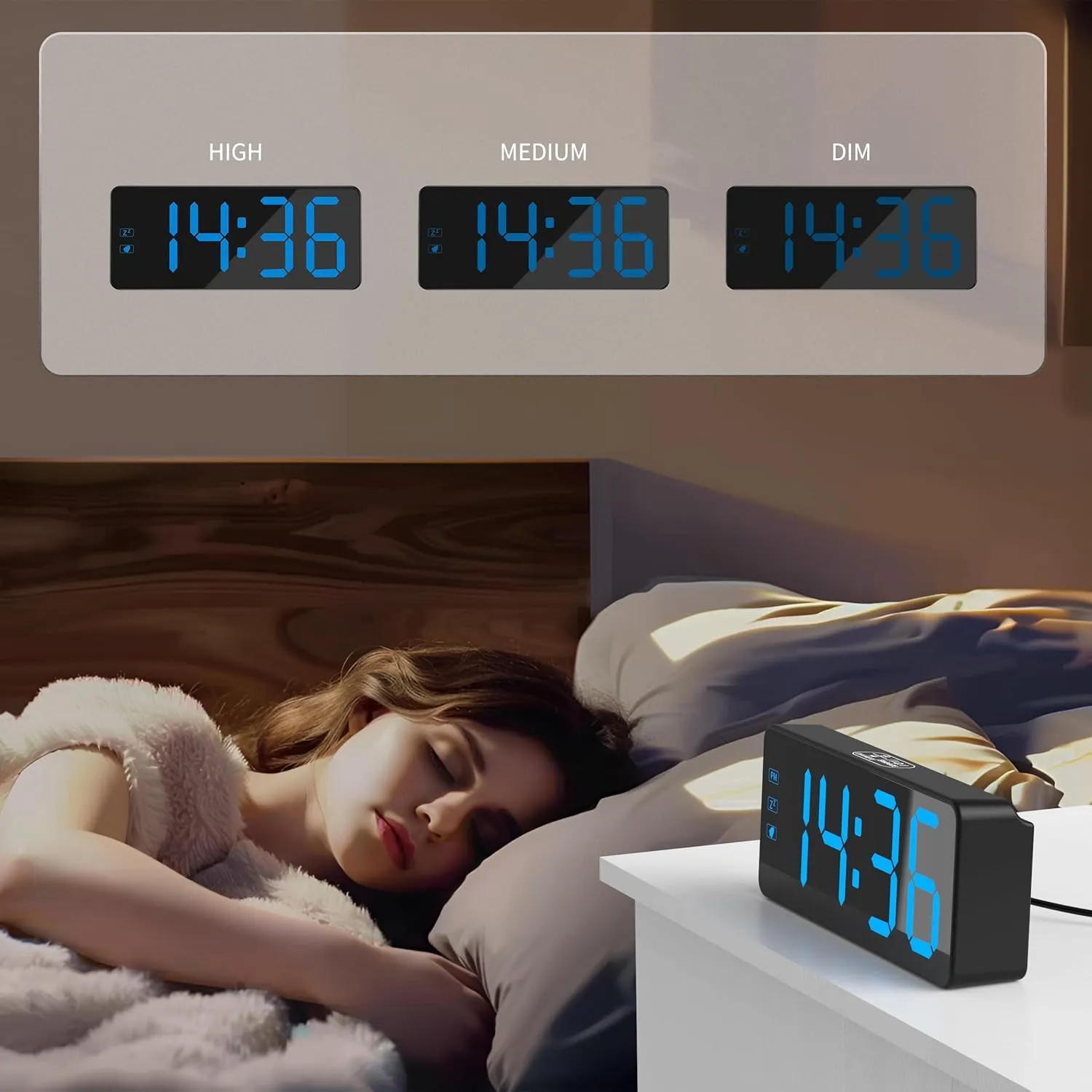 KWANWA Digital Alarm Clock with 3-Level Dimmer & Battery Backup | 2.4" Jumbo LED Display, Auto Night Mode, 7-Min Snooze, Dual Power (UL Adapter   59in Cord) | Compact for Bedroom, Travel, Office