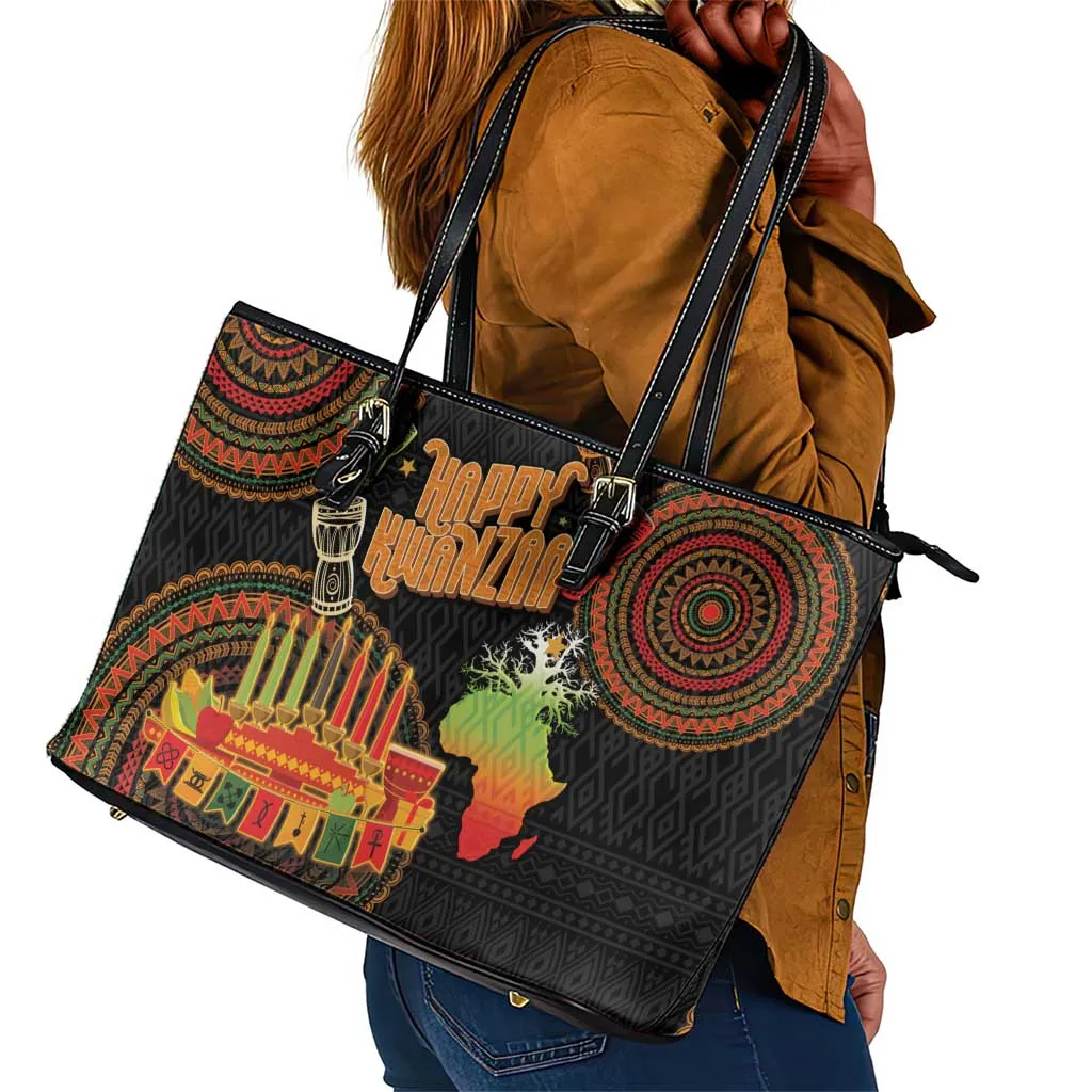 Kwanzaa Kinara Candles Leather Tote Bag African Tribal Pattern LT05