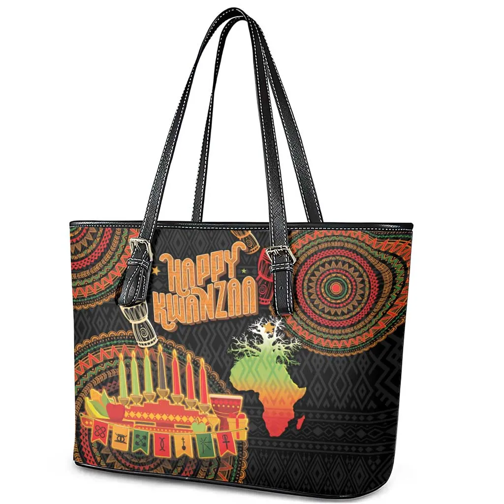 Kwanzaa Kinara Candles Leather Tote Bag African Tribal Pattern LT05