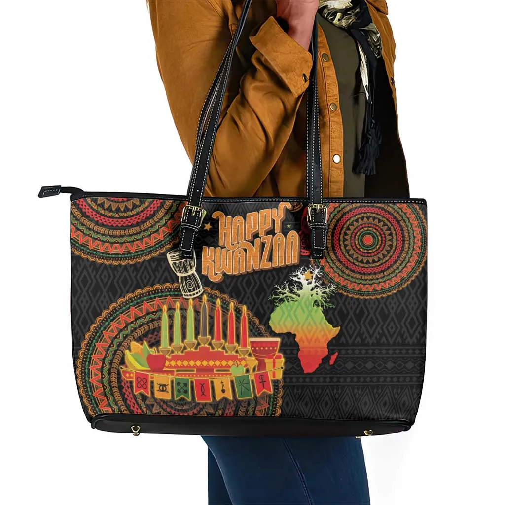 Kwanzaa Kinara Candles Leather Tote Bag African Tribal Pattern LT05